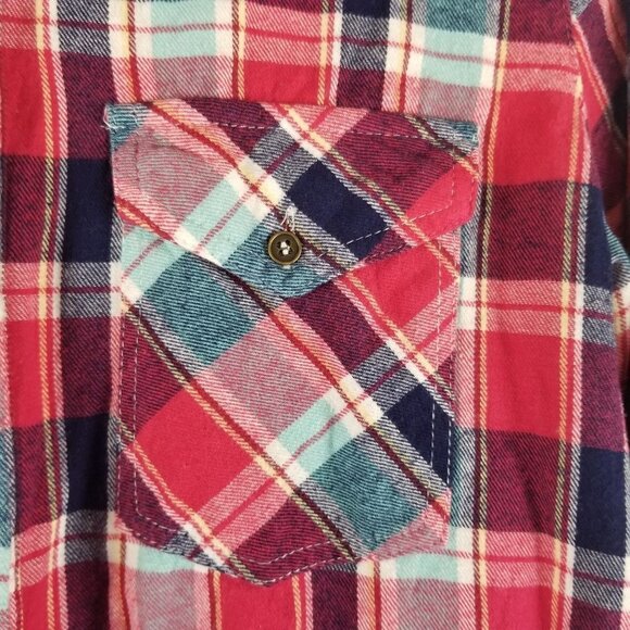 ALTAR'D State‎ Shirt Womens Medium Plaid Flannel Lace Oversized Roll Tab Sleeve - Picture 8 of 10